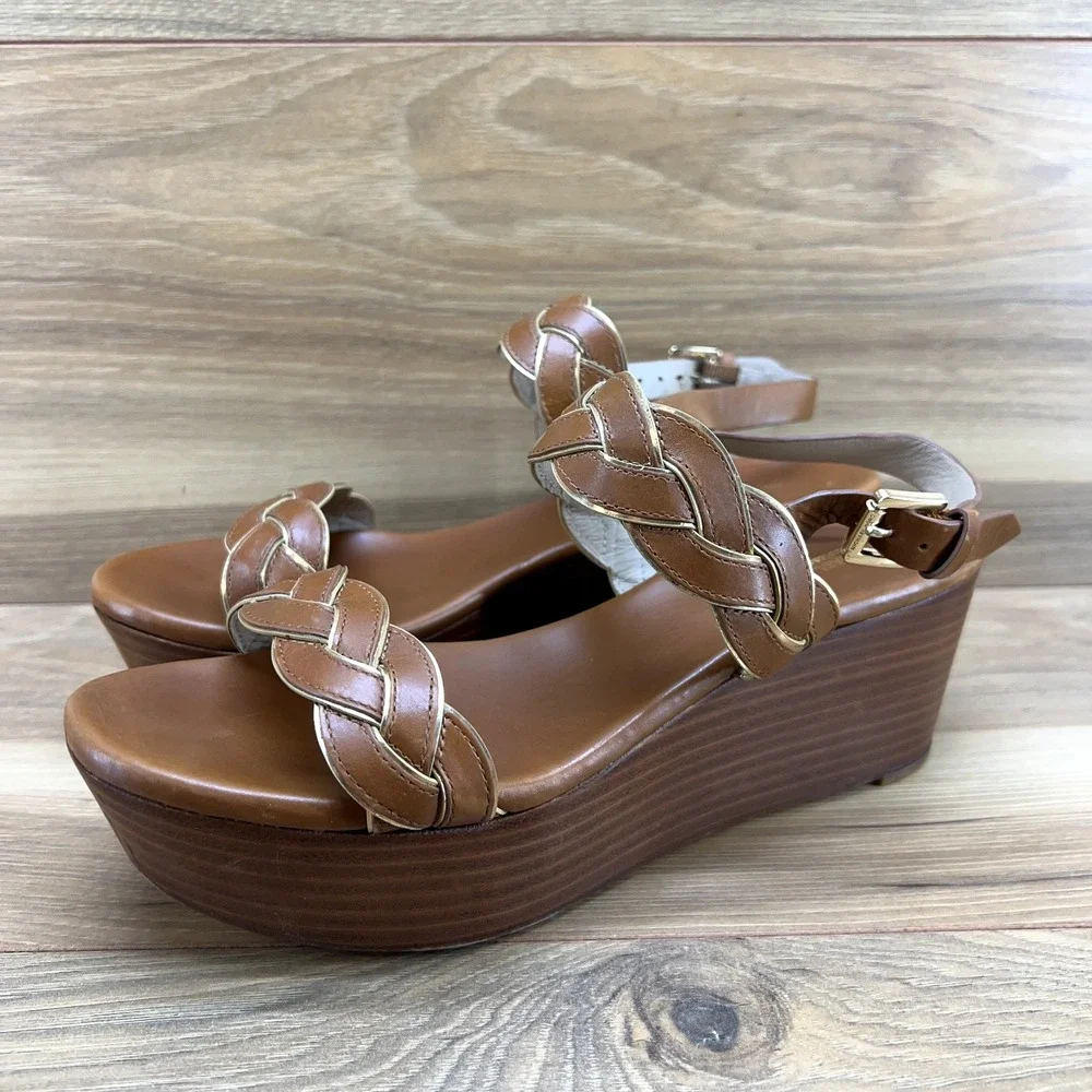 Michael Kors Collection 38 8 Luggage Tan Leather Braided Slingback Wedge